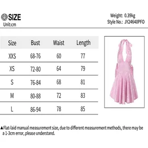 Size chart for pink jacquard halter bow dress including bust waist and length