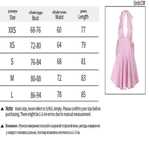 Detailed size chart for pink jacquard halter neck bow dress with measurements in cm