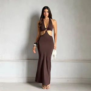 Halterneck Maxikleid Sexy Taille Ausschnitt Metallring Ärmellos V-Ausschnitt Strandurlaub Bodycon Slim Fit Damen