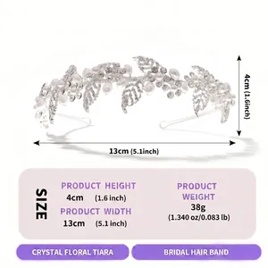 Diadème de mariée floral argenté avec perles et cristaux dimensions et poids