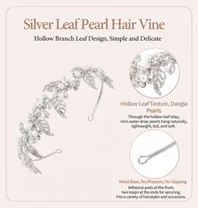 Gros plan du bandeau de mariée en feuilles d'argent avec détails de perles et base.
