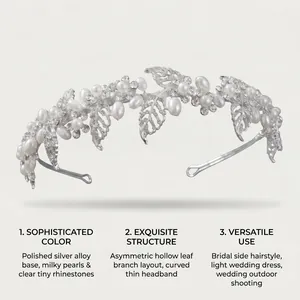 Détail d'un serre-tête de mariée style forêt avec feuilles et perles