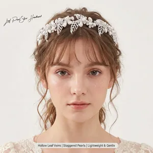 Serre-tête de Mariée Argenté Élégant Motif Floral et Feuille Fausse Künstliche Perle Strass Bijou de Tête pour Mariage Banquet Fête Femme Accessoire Cheveux