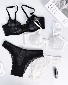 Detailed close-up of French-style sheer lace lingerie sets in classic black and white