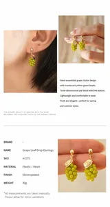 Macro detail view of green grape shaped stud earrings with elegant gold leaf accents