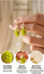 Detailed views of grape earrings showing integrated molding and polished needle tips
