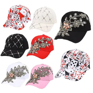 Casquette de Baseball Mode pour Femmes Streetwear Strass Losange Broderie Florale Motifs de Cartes à Jouer Chapeau Pare-soleil