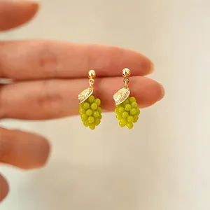 Elegant sweet green grape drop earrings with gold leaf detail, fresh fruit jewelry design.