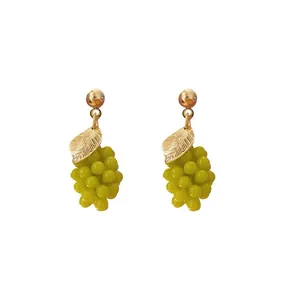 Elegant fresh green grape drop earrings with a detailed gold leaf for sweet style