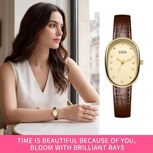 Women Quartz Watch Oval Mother Of Artificial Pearl Dial Rhinestone Markers Waterproof Leather Strap Elegant Vintage Office Style