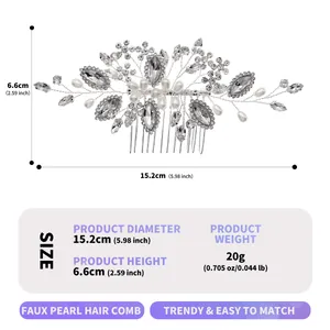 Specifiche dettagliate su dimensioni e peso per il pettine da sposa con strass e perle finte.