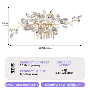 Pettine per capelli da sposa fatto a mano con perle e strass, misura 15 cm e peso 21 g.