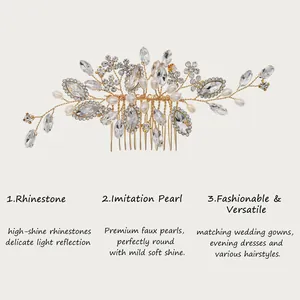 Elegante pettine sposa fatto a mano con strass lucenti e perle sintetiche di alta qualità.