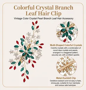 Detail view of a retro handmade rhinestone leaf hair clip with a secure gold duckbill clip