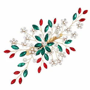 Vintage handmade wire crystal leaf duckbill hair clip with shiny red and green stones