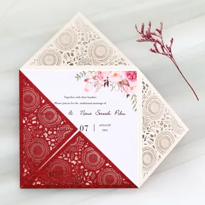 Elegant laser cut wedding invitation with red glitter lace and floral card detail
