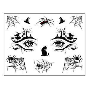Close-up of Halloween face stickers showing spider, witch, and cobweb tattoo designs