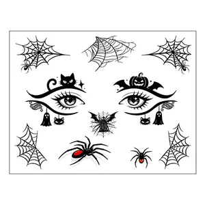 Halloween temporary face tattoo stickers featuring black spiders, webs and pumpkins.