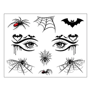 Detailed sheet of Halloween face tattoos featuring spiders, bats and web designs
