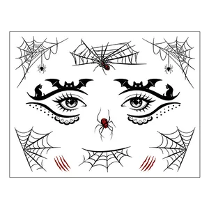 Detailed view of Halloween face tattoo stickers featuring spider webs, bats, and cats