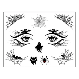 Halloween face tattoo stickers with gothic spider web and bat designs for costume party