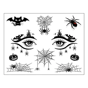 Detailed view of Halloween face tattoo stickers with spider, web, and bat patterns.