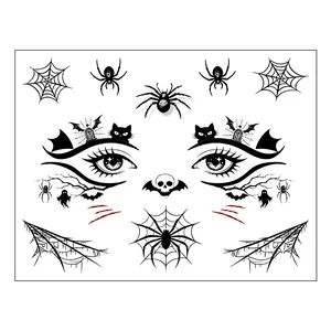 Detailed view of Halloween face tattoo sheet featuring spiders, skulls, and bats
