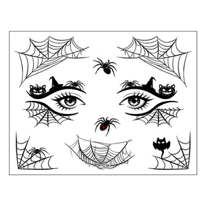 Detailed view of Halloween face tattoos featuring spooky spider webs and bats design