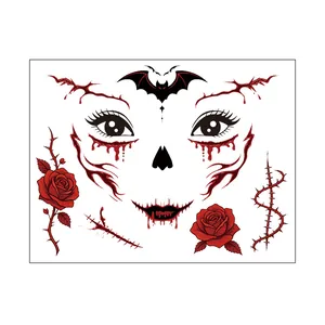 Halloween Day of the Dead face tattoo stickers with red rose and bat designs