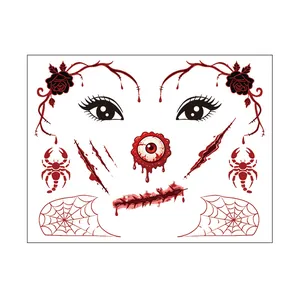 Halloween face tattoo stickers with bloody eye, mouth scar, and spider web designs.