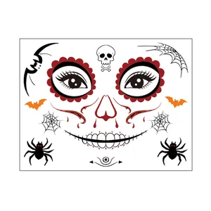 Detail view of Day of the Dead skull face tattoo sticker with spiders and floral eyes