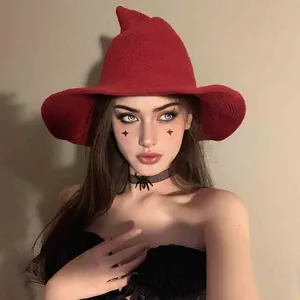 Knitted Witch Hat Pointed Wizard Cap Halloween Party Cosplay Solid Color Foldable Breathable Warm For Women