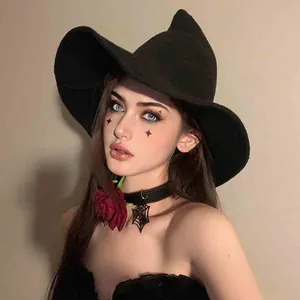 Stylish black pointed witch hat for Halloween knitted foldable magic wizard hat for women