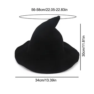Foldable black knitted witch hat for Halloween showing dimensions 56-58cm head size