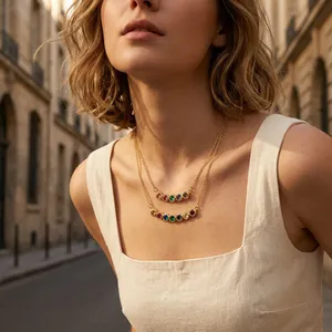 Close-up detail of a layered gold necklace featuring colorful round rainbow stones