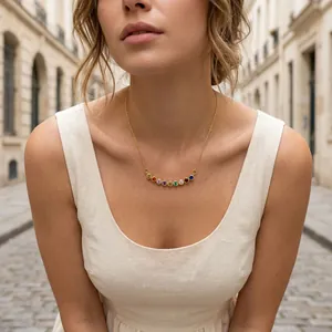 Elegant 18K gold plated necklace with vibrant rainbow colored gemstones worn by model.