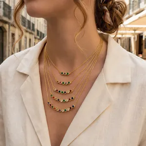 Korean Light Luxury Rainbow Candy Style Copper Necklace Colorful Zirconia Inlaid 18K Gold Plated Clavicle Chain Jewelry For Women
