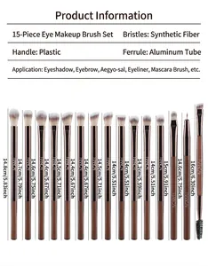 Detailed 15-piece eye makeup brush set with precise length measurements in cm and inches.