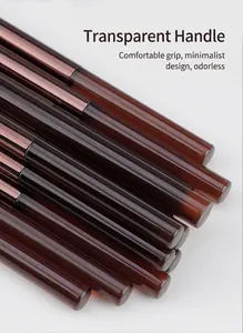 Detail view of premium dark brown transparent makeup brush handles with glossy finish.