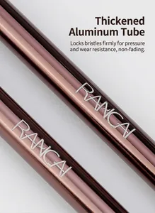 Close-up detail of thickened aluminum ferrules with RANCAI logo on makeup brushes