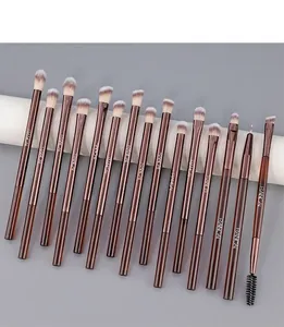 Overview of 15 piece professional brown eye makeup brush set with various brush heads