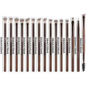 Professional 15pcs eye makeup brush set with detailed length measurements in cm and inches