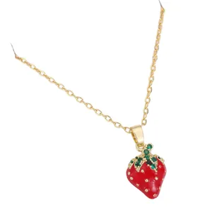 Red enamel strawberry pendant necklace with green rhinestones