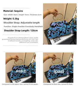 Detailed view of floral sequin evening clutch bag with size comparison labels