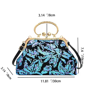 Detailed view of sequin evening clutch bag with size dimensions 30x19x8cm shown clearly