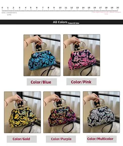 Close-up of elegant sequin evening clutch bags featuring various vibrant color options