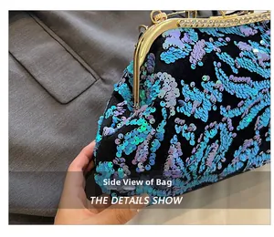 Close-up of sparkling blue sequined evening clutch bag with rhinestone-encrusted frame