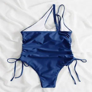 Sexy blue one-shoulder backless one-piece swimsuit with ruched sides and adjustable ties