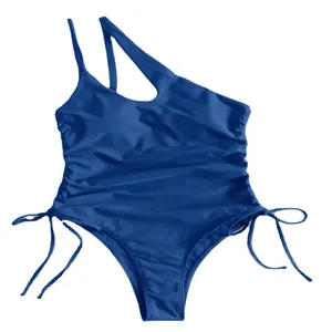 Elegant royal blue one-shoulder one-piece swimsuit with adjustable side drawstring