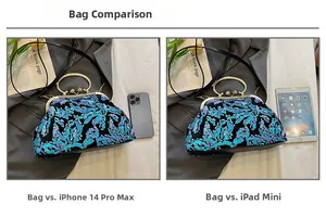 Visual comparison of sequined evening bag size with iPhone 14 Pro Max and iPad mini.